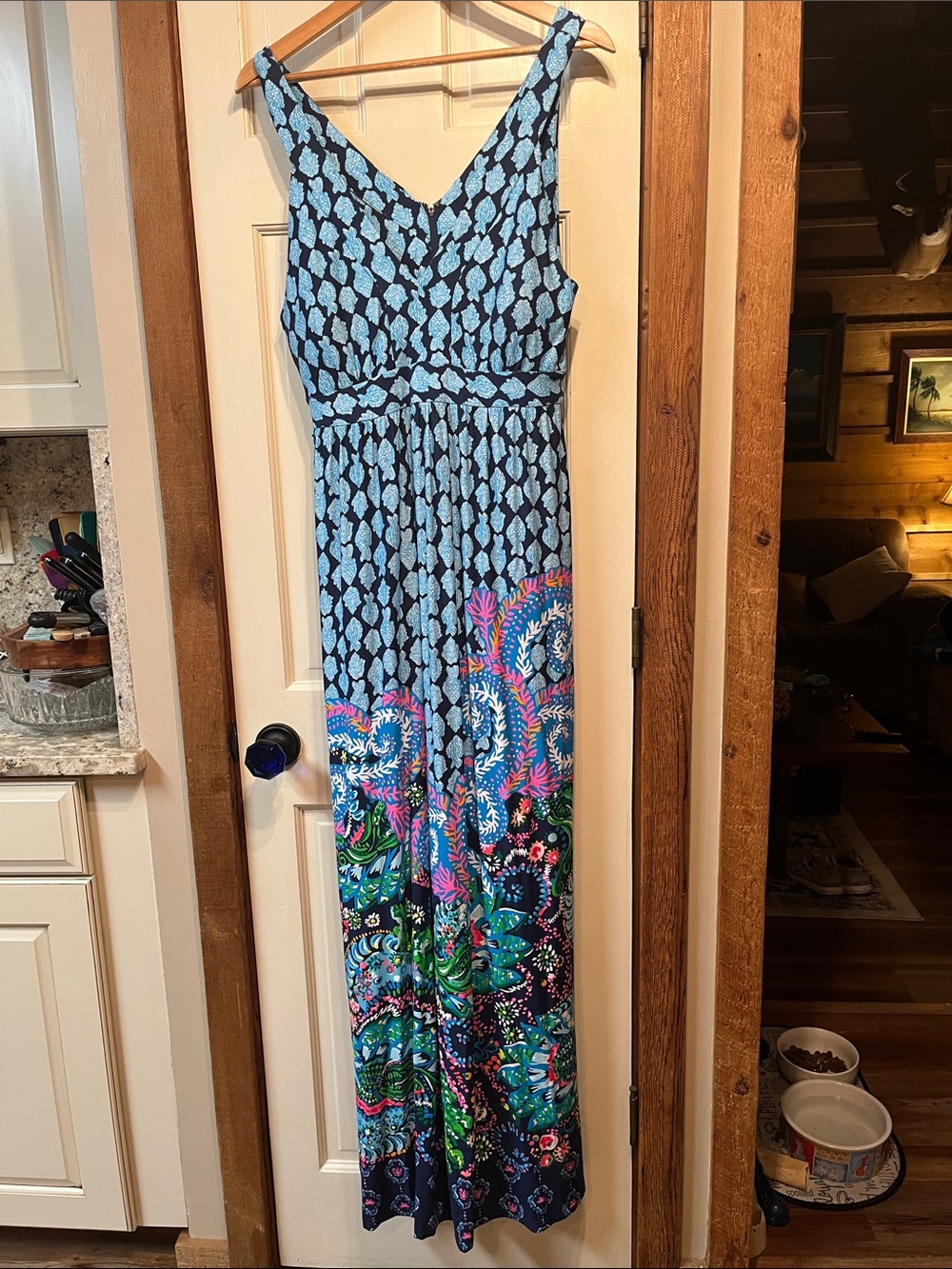 Lilly Pulitzer Navy and Light Blue Printed Maxi Dress with Floral Border size 12